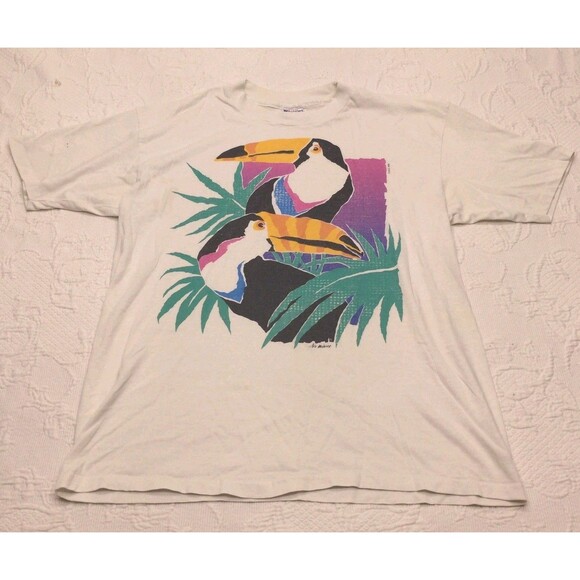 Vintage Single Stitch Toucan X Large White Graphic Air Waves Shirt 80s Tropical - Picture 1 of 7